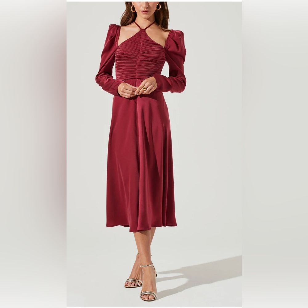 CINCHED HALTER TIE SATIN MIDI DRESS